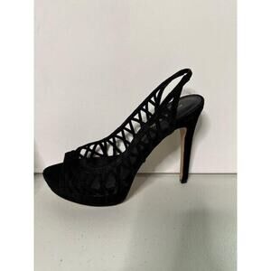 Pelle Moda Black Suede Strappy Slingback Heels Women Size 8 Peep Toe